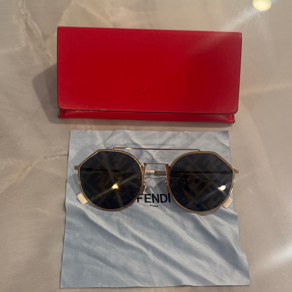 Fendi Gold Frame Sunglasses With Black Lenses And Red Case